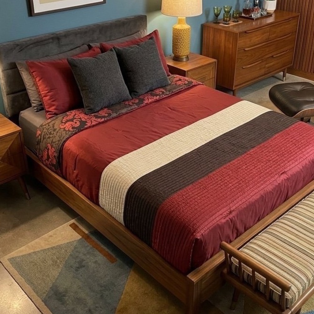 Reversible Burgundy Brown Colorblock Pintuck Damask Comforter Full Queen